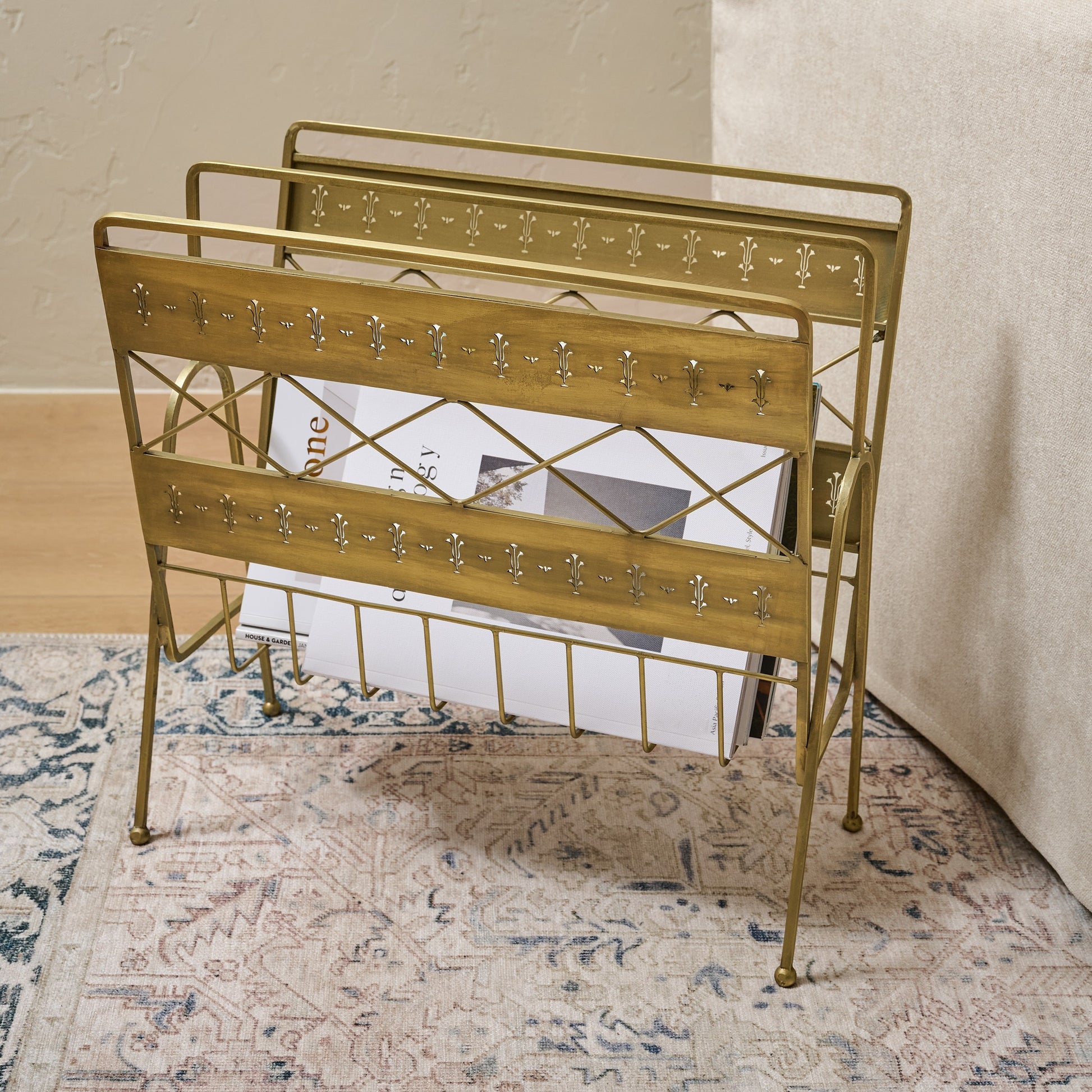 Antique Inspired Magazine Rack shown with magazines