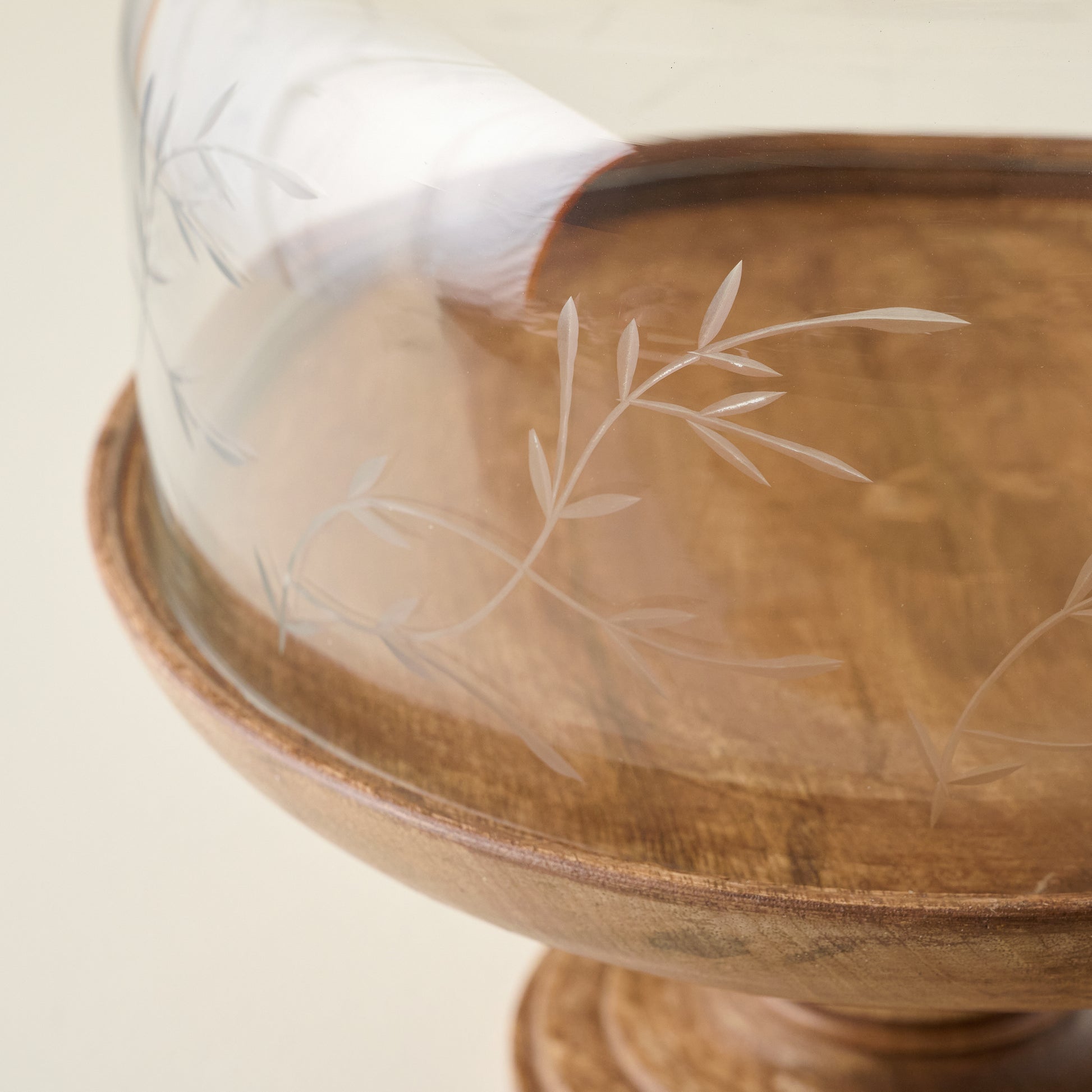Eliane Etched Glass Cake Stand up close