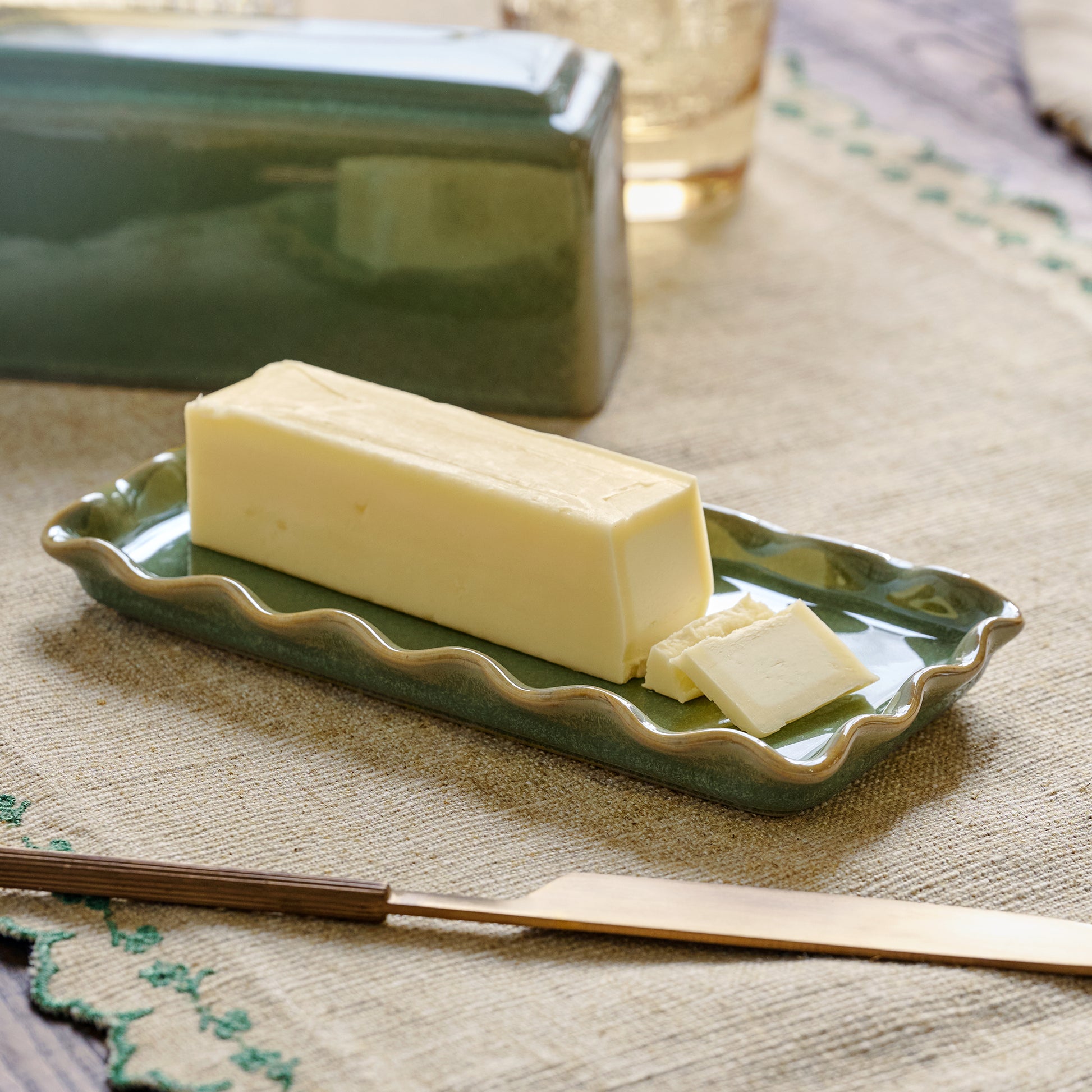 Margaret Vintage-Inspired Butter Dish shown with a stick of butter