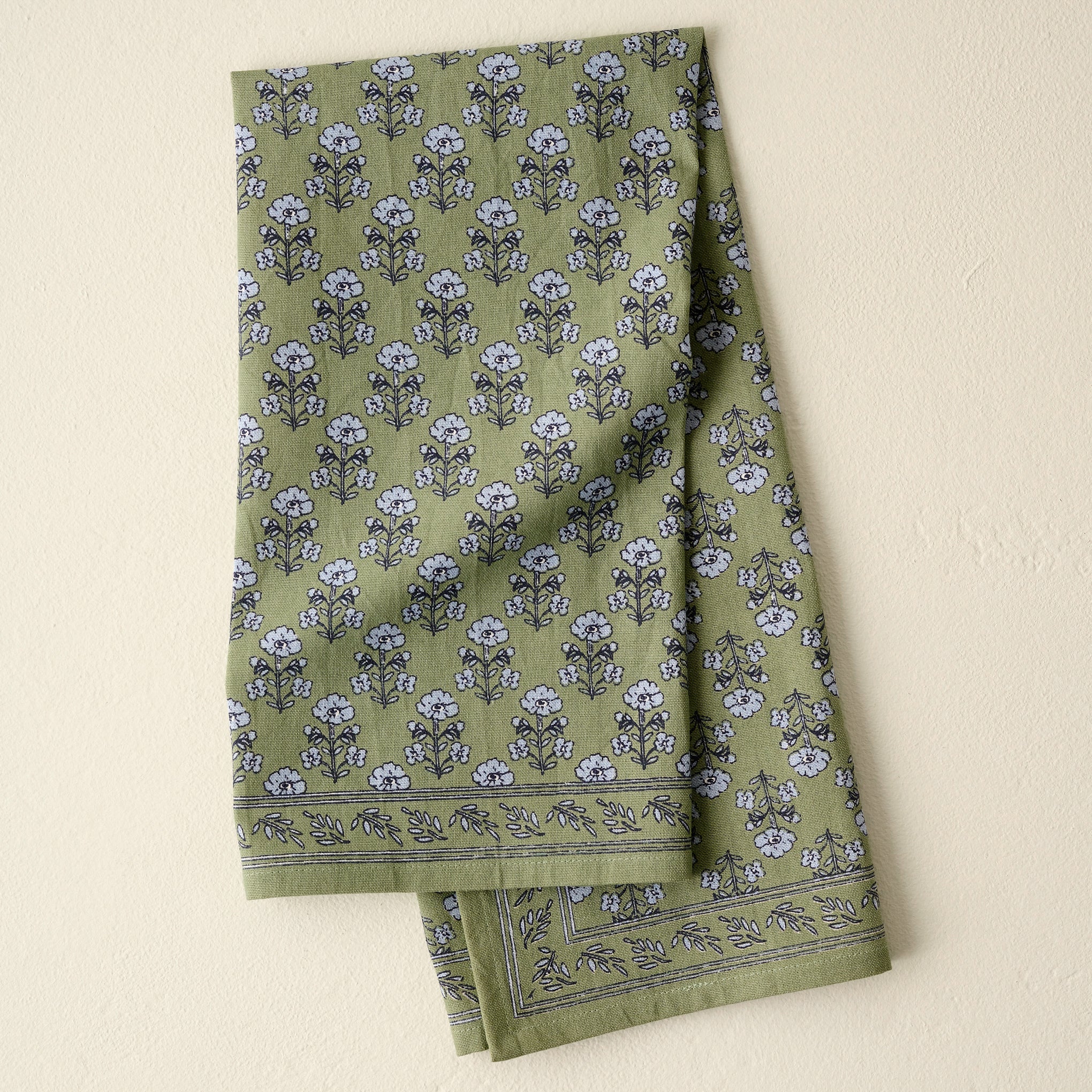 Magnolia Green Block Print Tea Towel