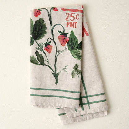 Magnolia Strawberry Picking Tea Towel shown folded