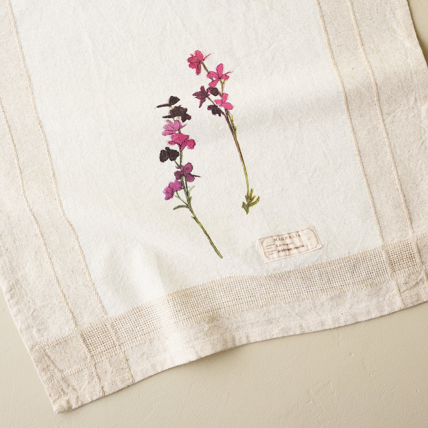 Magnolia Larkspur Garden Tea Towel up close