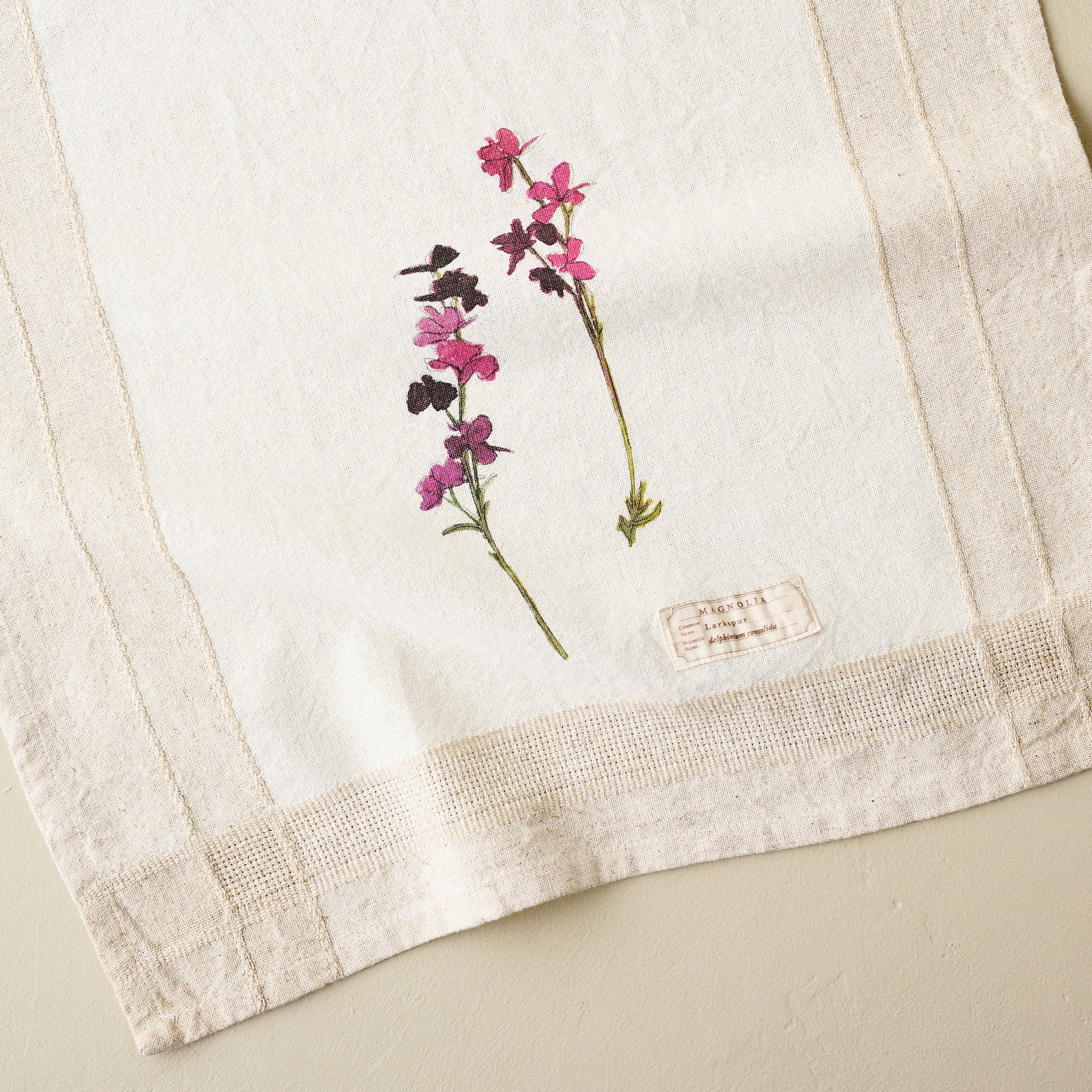 Magnolia Larkspur Garden Tea Towel up close
