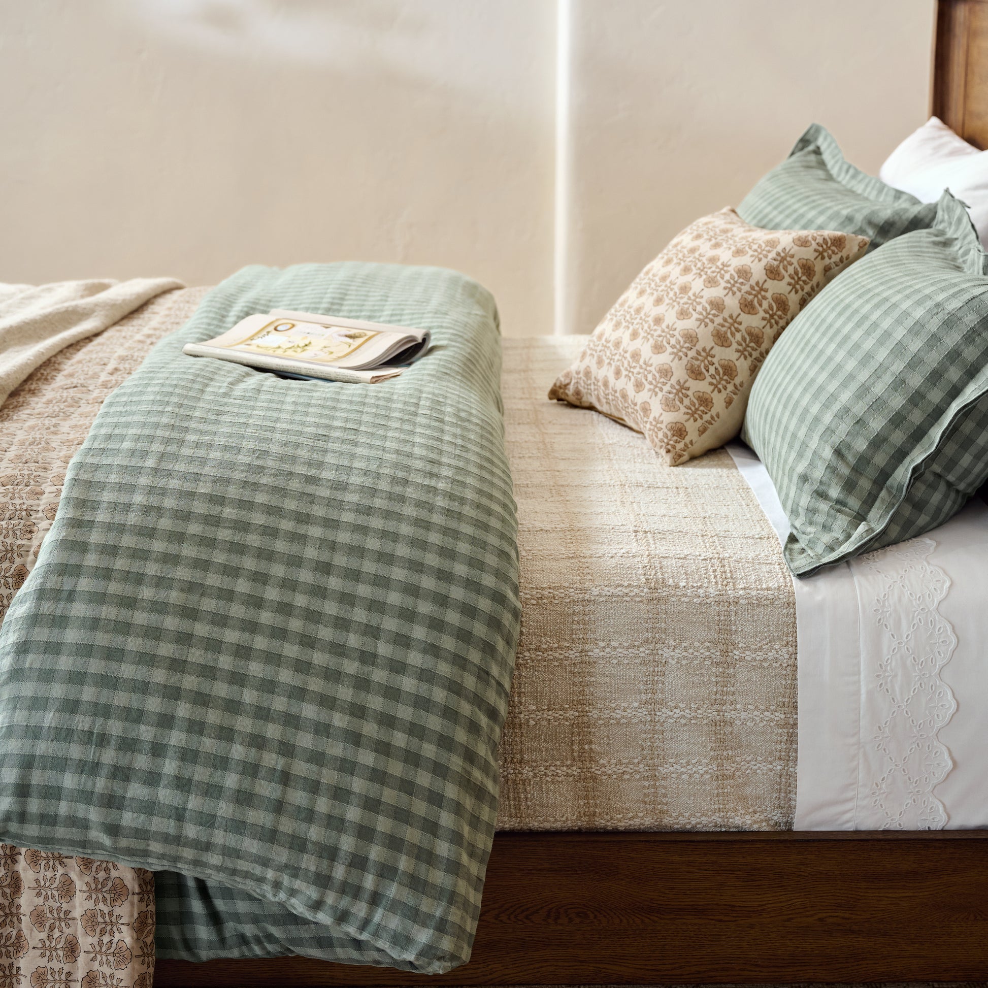 Maxine Gingham Duvet Cover in dusty green color shown on bed