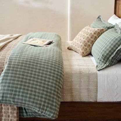 Maxine Gingham Duvet Cover in dusty green color shown on bed