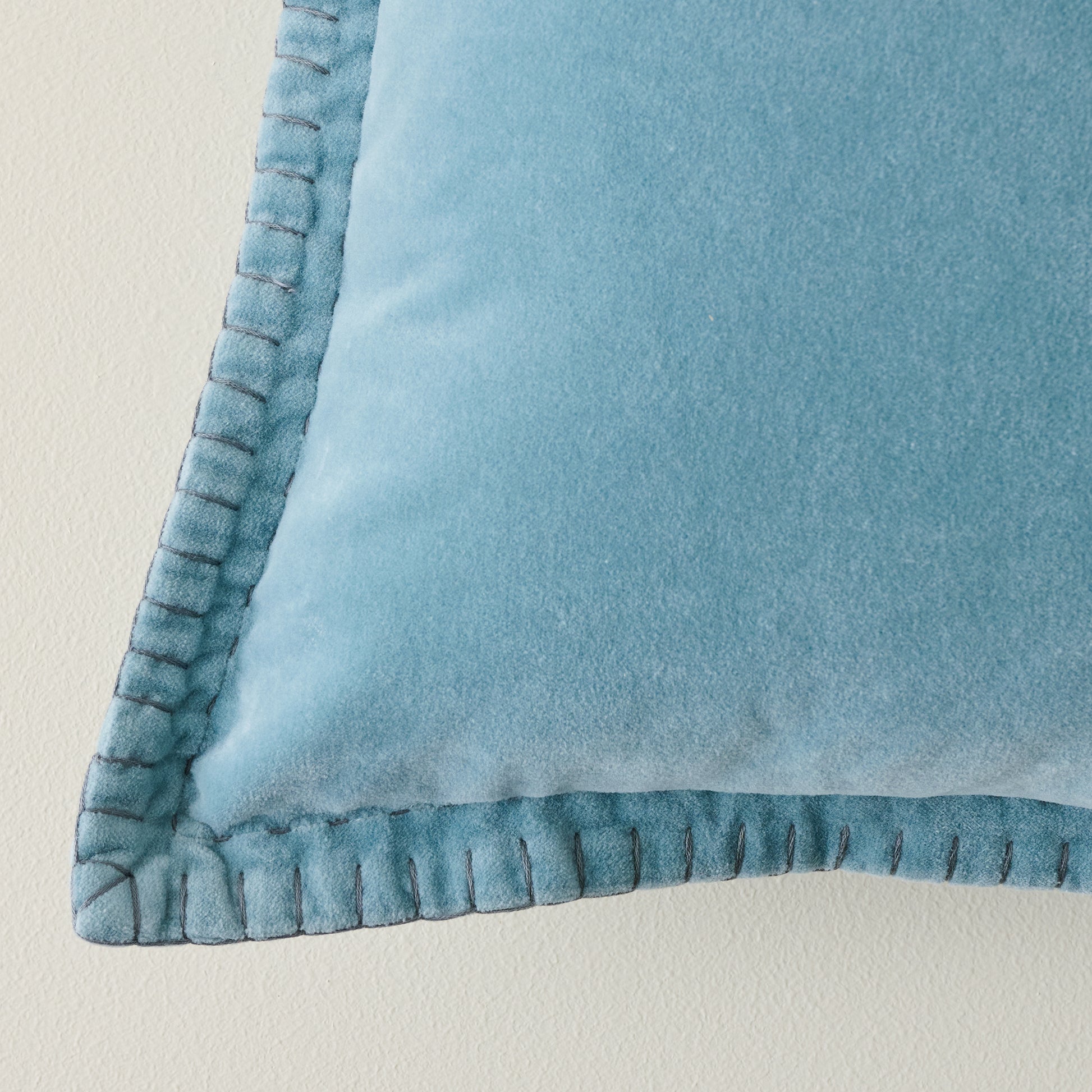 Townes Smoke Blue Velvet Pillow corner up close