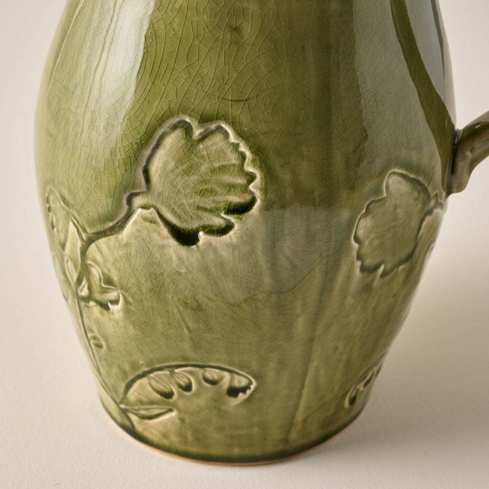 Floral Glazed Ceramic Pitcher Vase up close