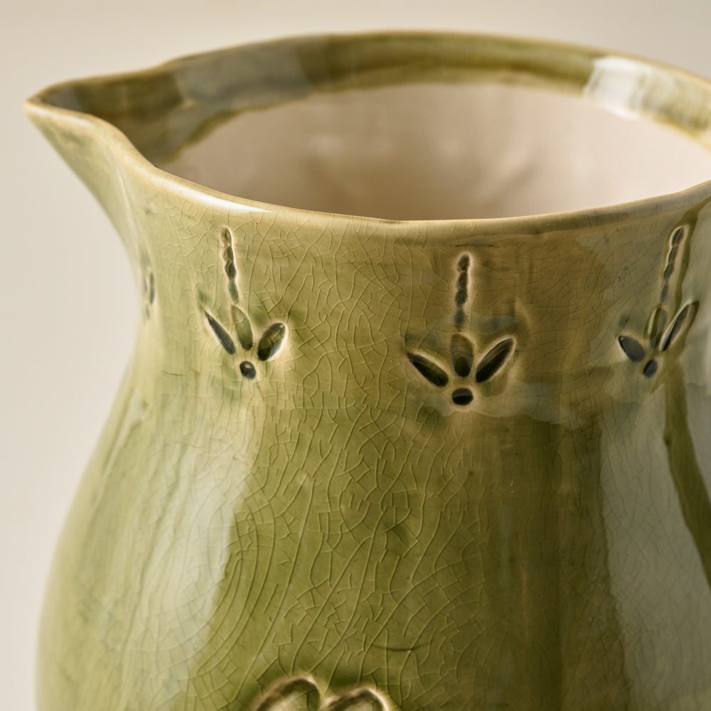 Floral Glazed Ceramic Pitcher Vase up close