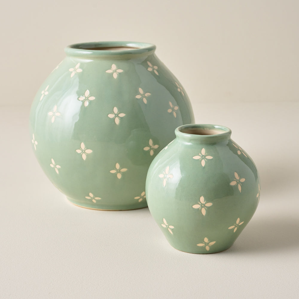 Green and White Luna Bud Vase shown with Green and White Luna Vase