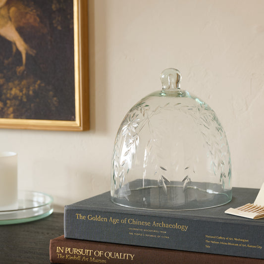 Vivian Cut Glass Candle Cloche shown on top of books