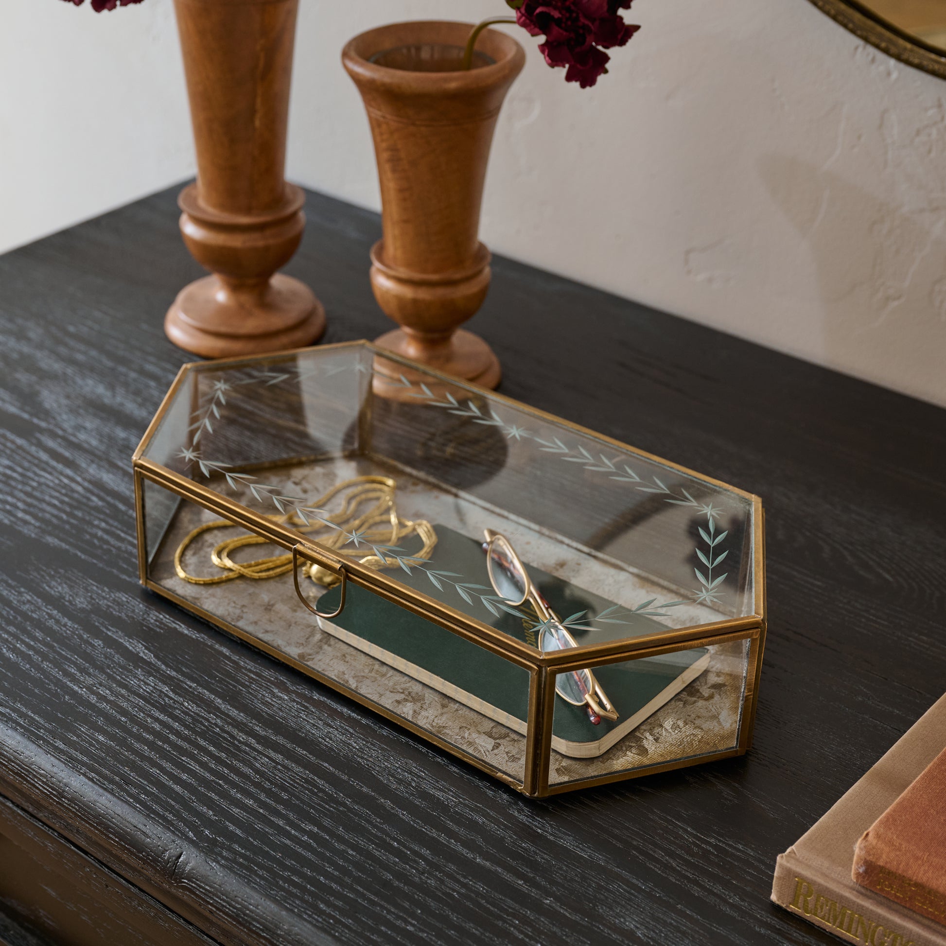 Large Delores Etched Glass Box shown styled