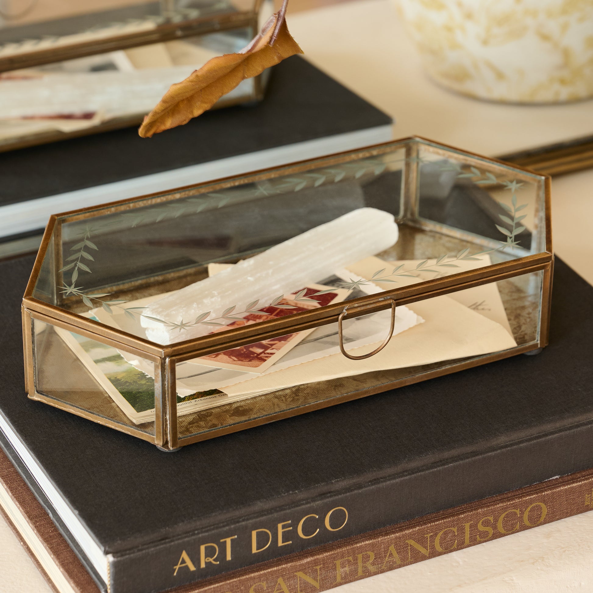 Small Delores Etched Glass Box shown styled