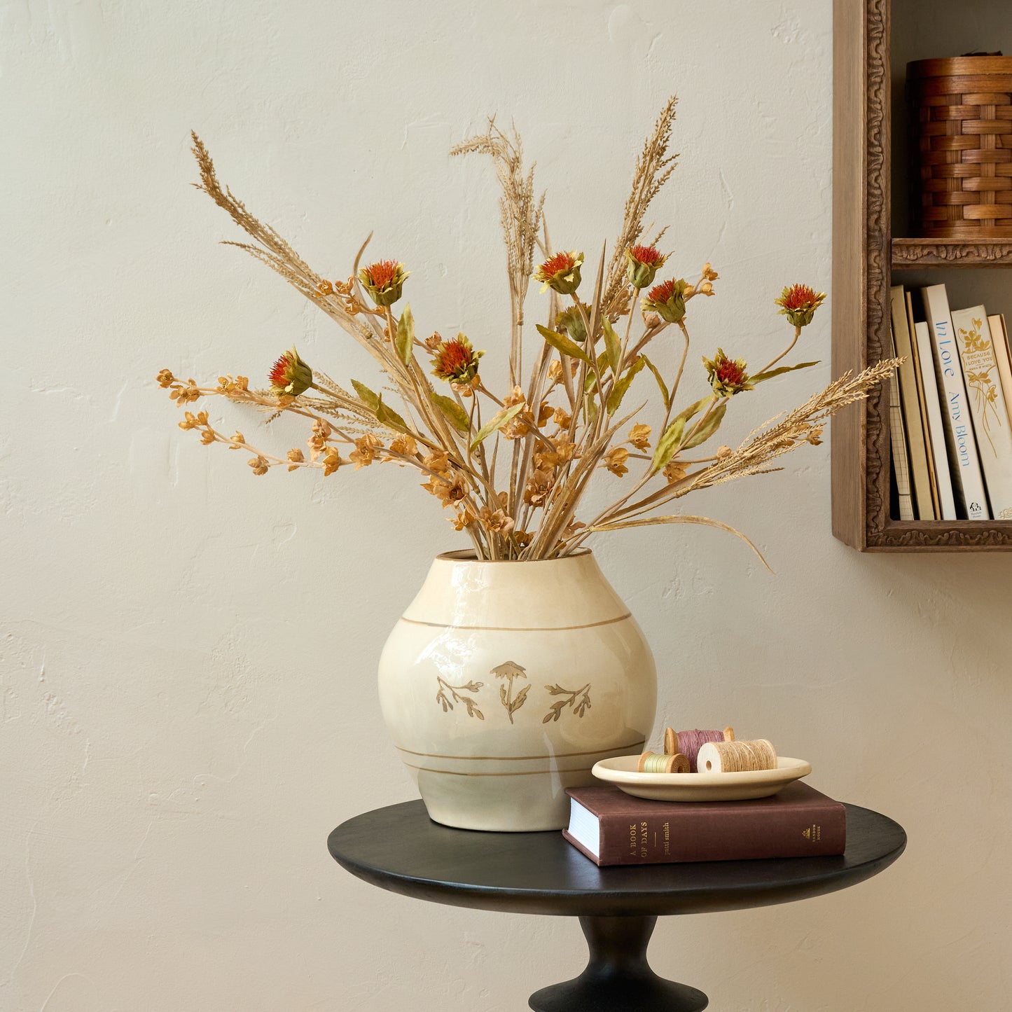 Autumnal Mixed Floral Bouquet in Copper shown in vase styled on table