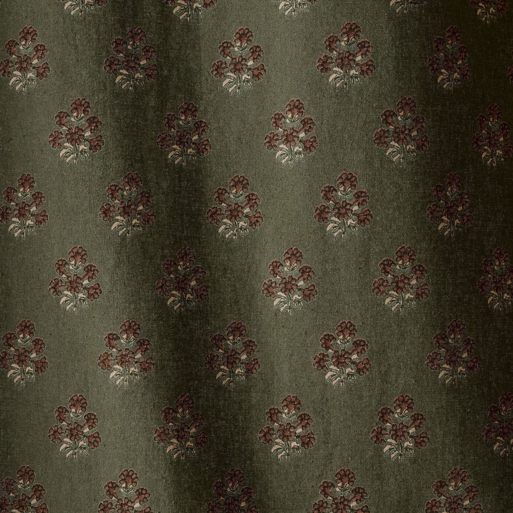 Magnolia Olive Green Block Printed Shower Curtain pattern up close