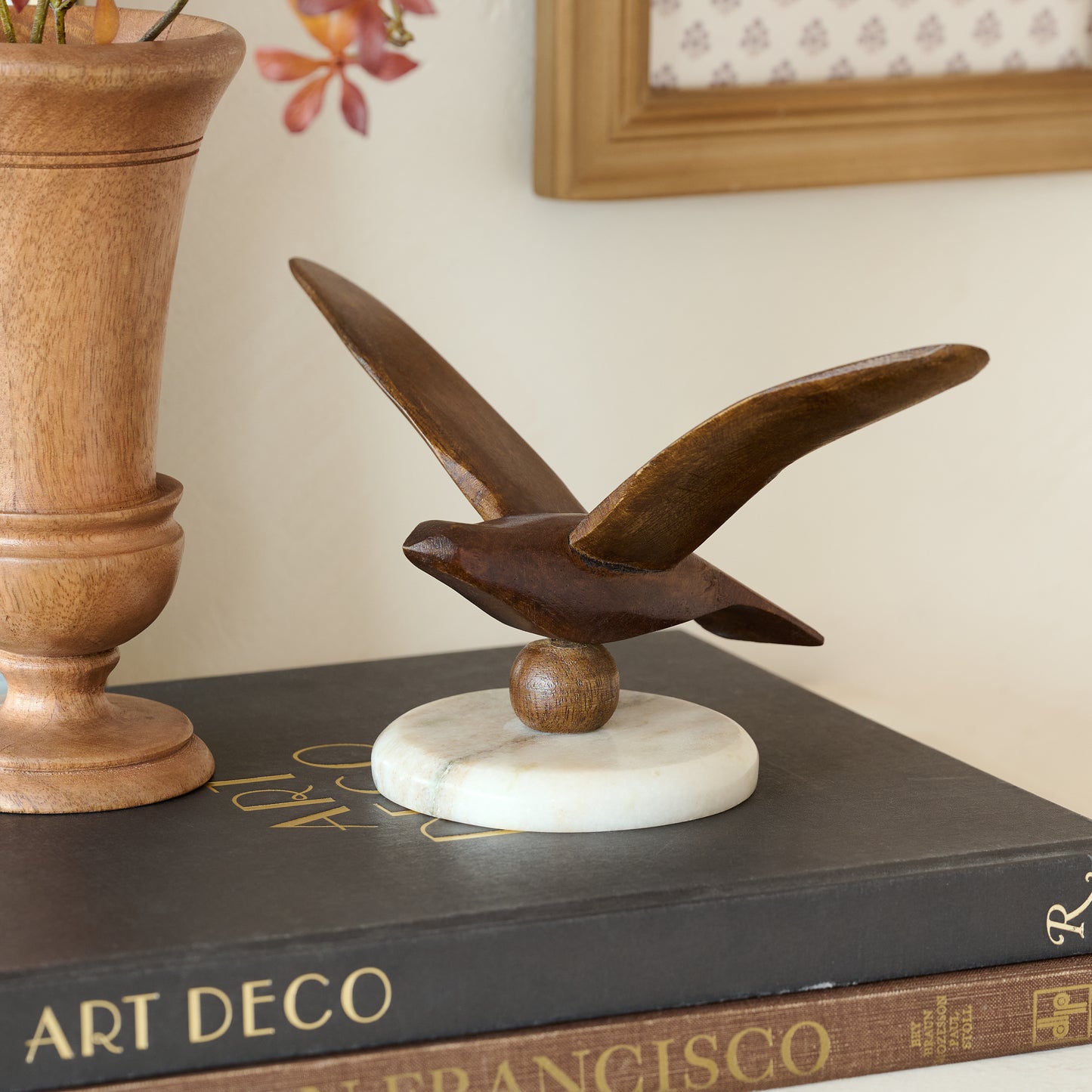 Marble and Wood Bird Sit About shown styled