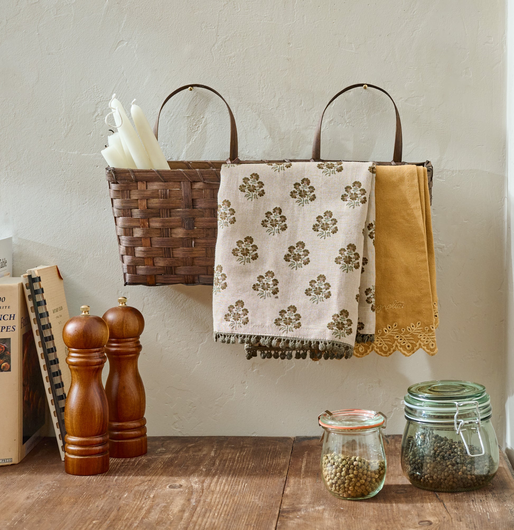 Magnolia Oatmeal Block Printed Tea Towel