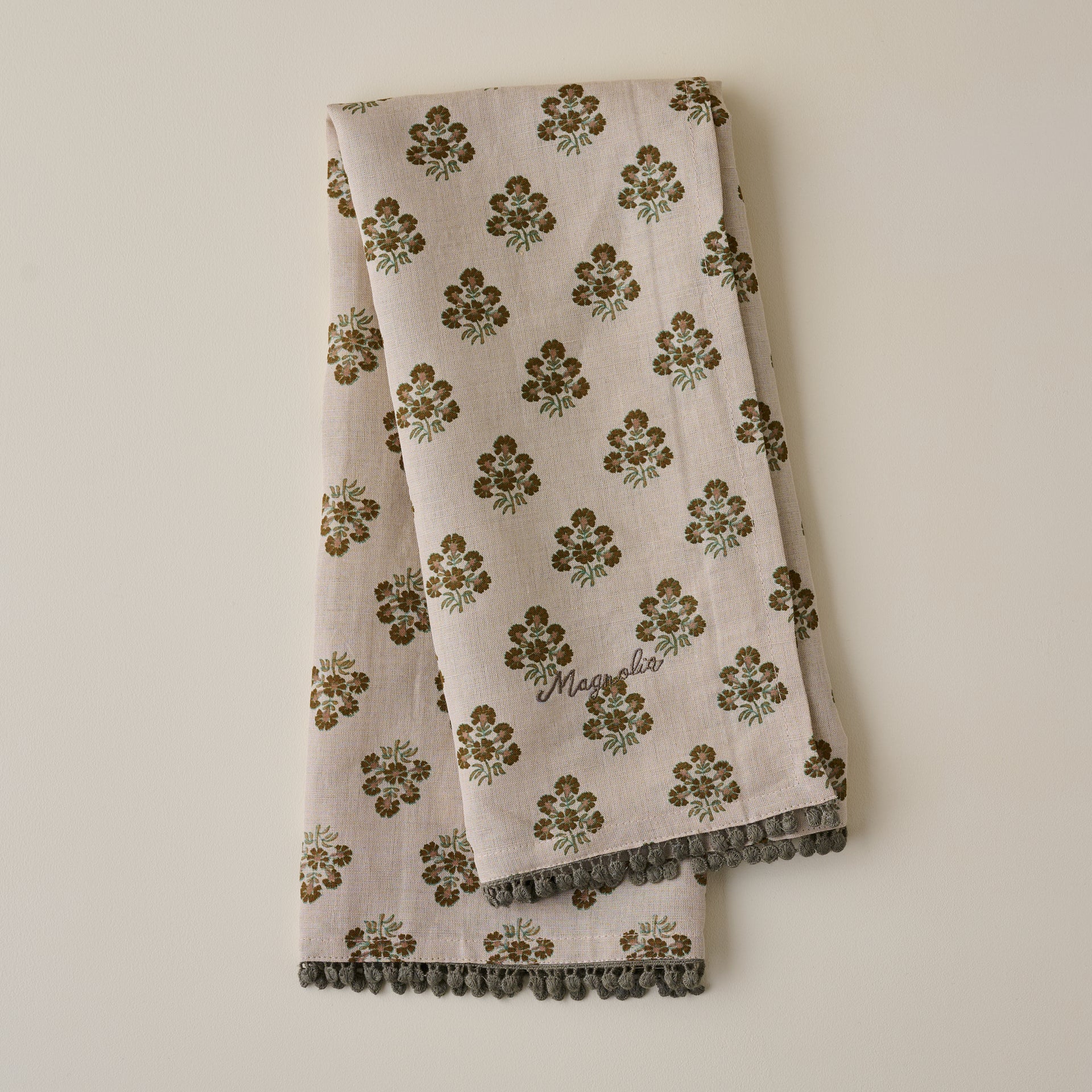 Magnolia Oatmeal Block Printed Tea Towel