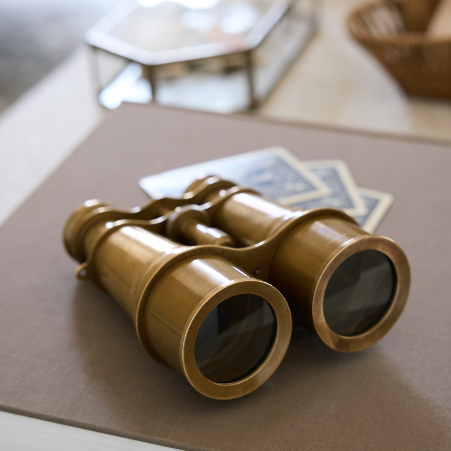 Decorative Solid Brass Binoculars on a coffee table