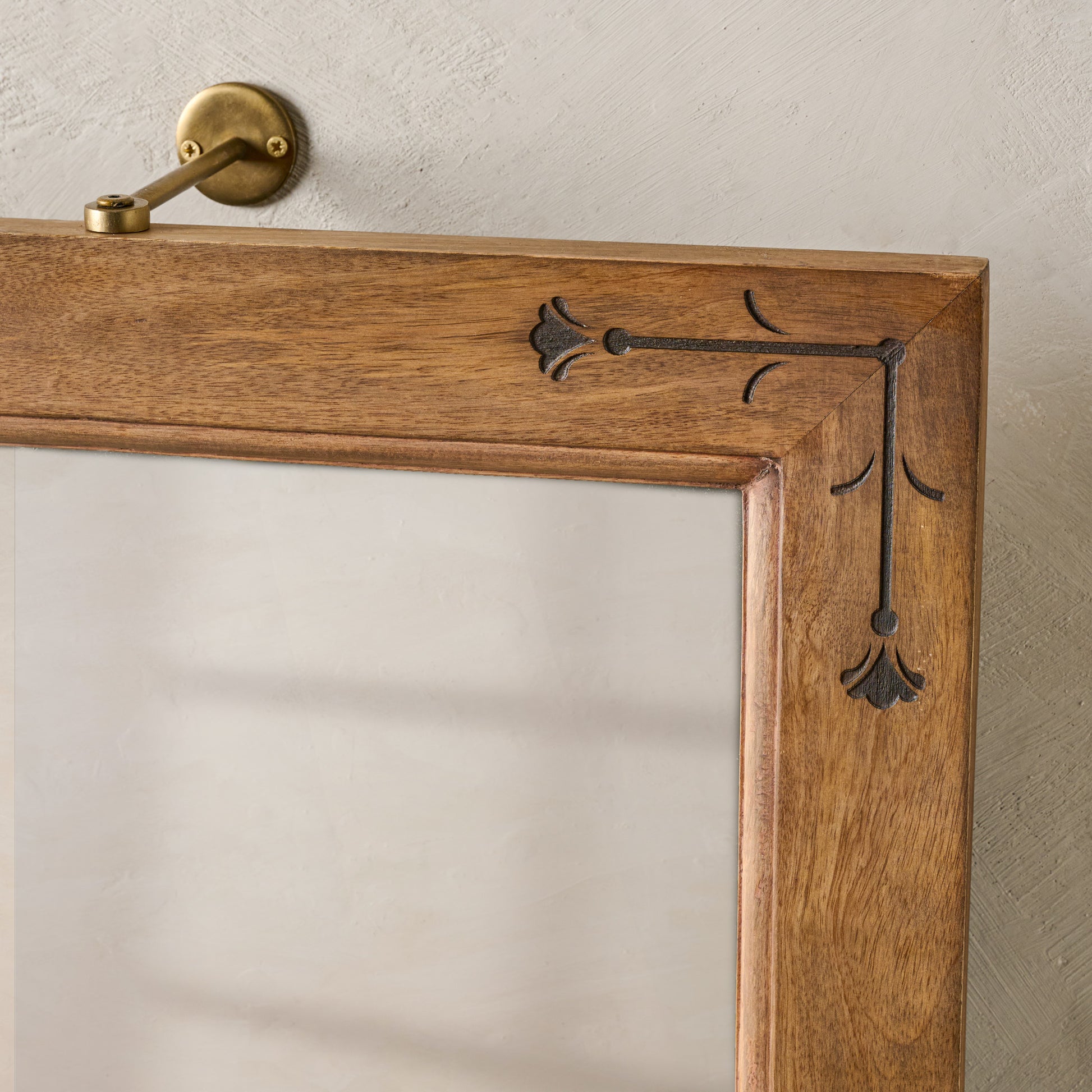 Penelope Wood and Brass Swivel Mirror corner up close