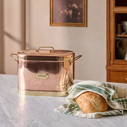 Magnolia Copper Bread Box shown on counter