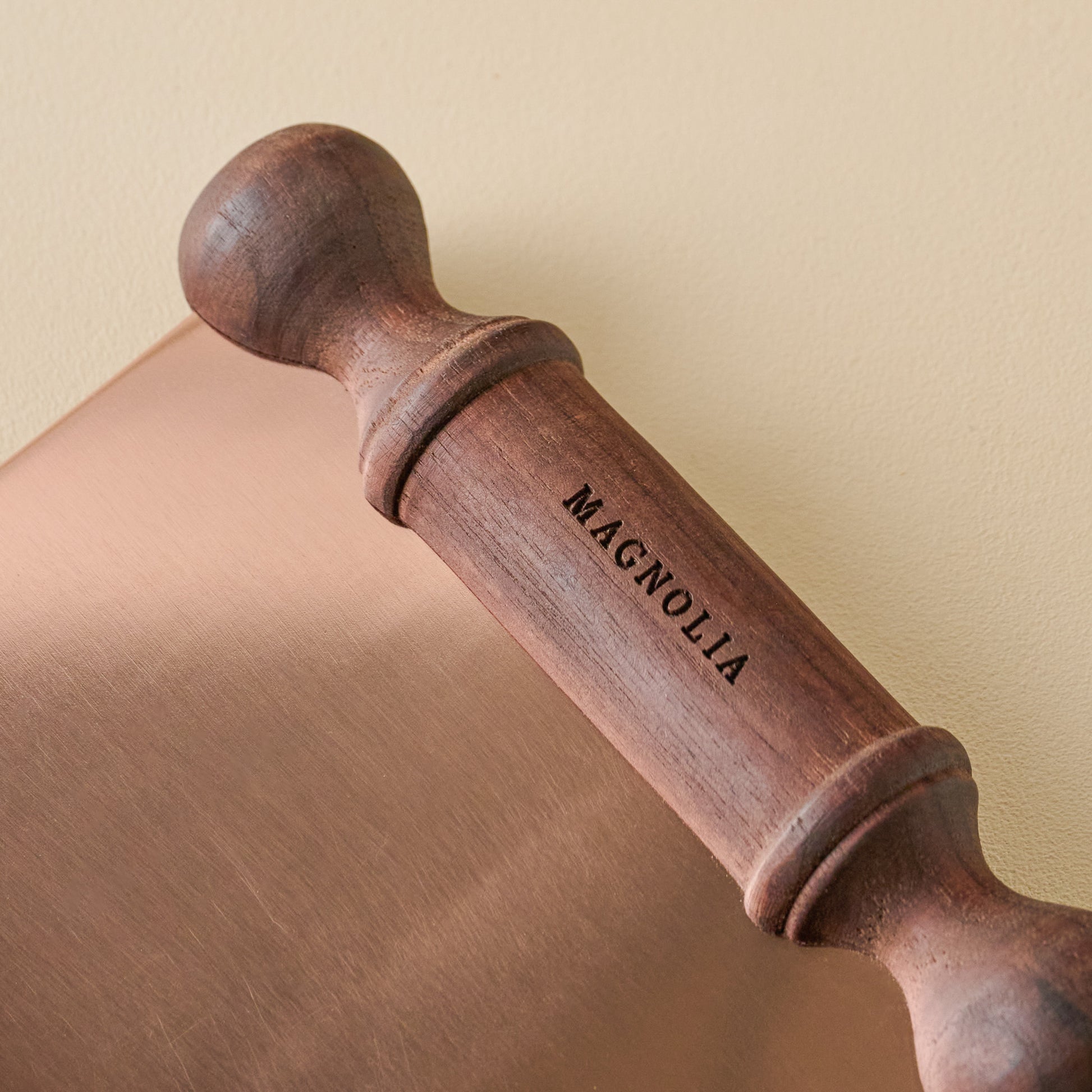 Magnolia Vintage Walnut Handle Bench Scraper up close
