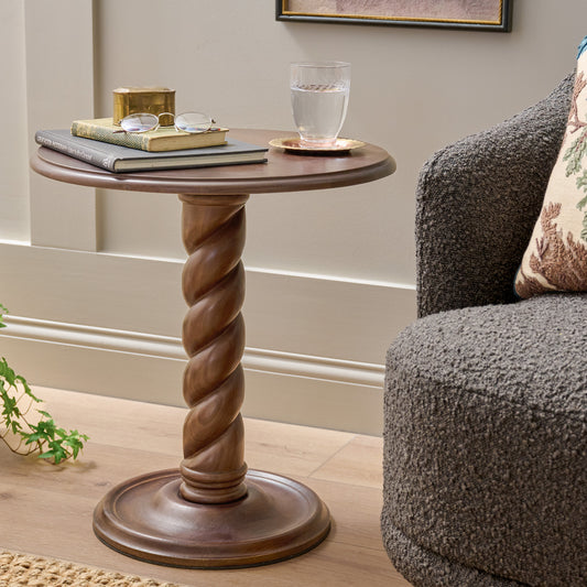 Barley Twist Round Accent Table shown styled