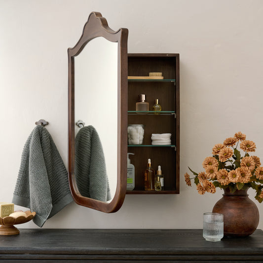 Antiqued Inez Medicine Cabinet in Weathered Barn shown hung on wall