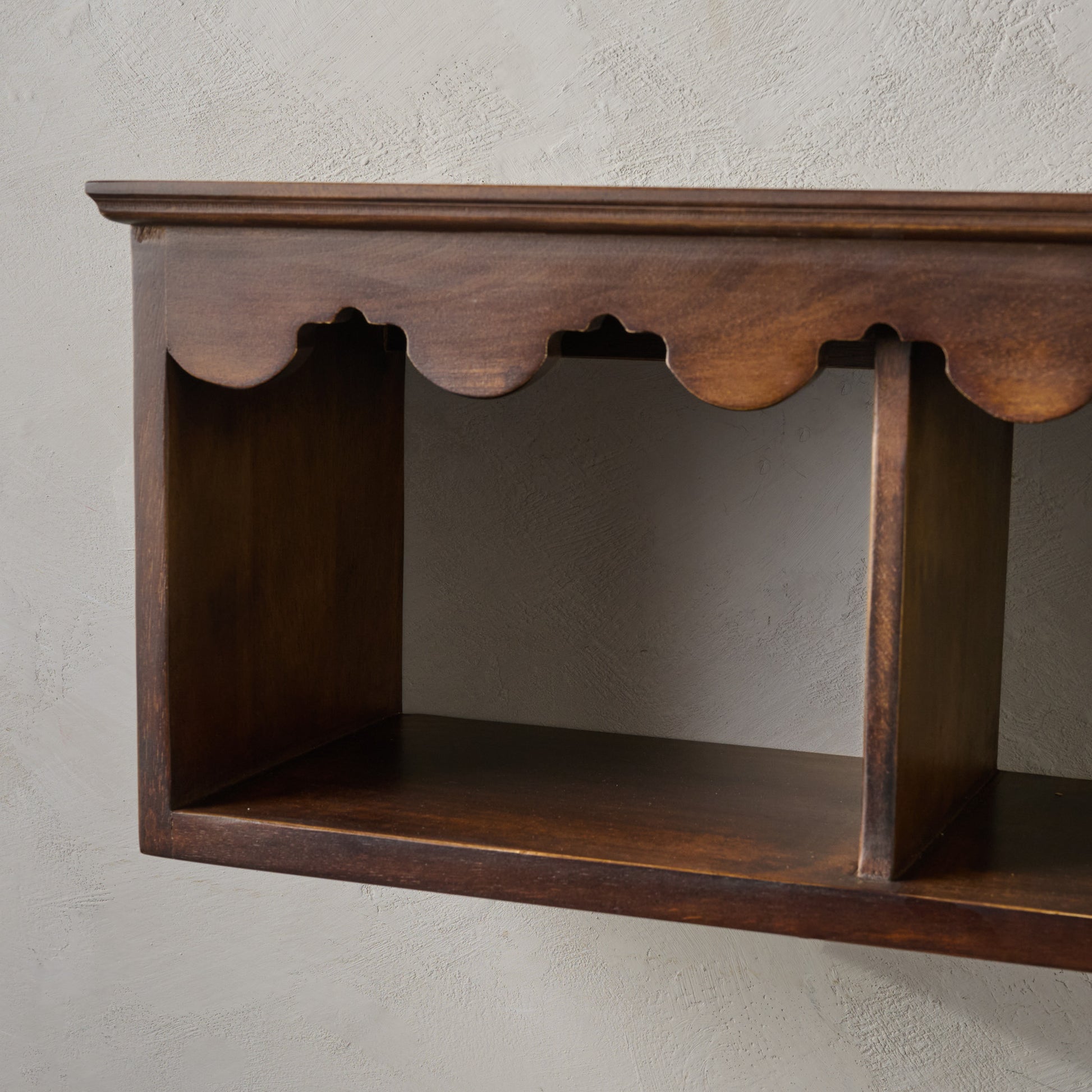 Linnea Antiqued Wood Cubby Shelf in Coffee color close up