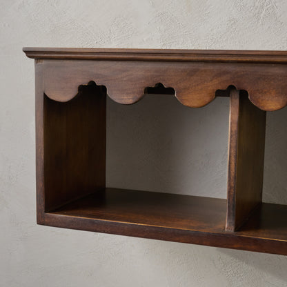 Linnea Antiqued Wood Cubby Shelf in Coffee color close up