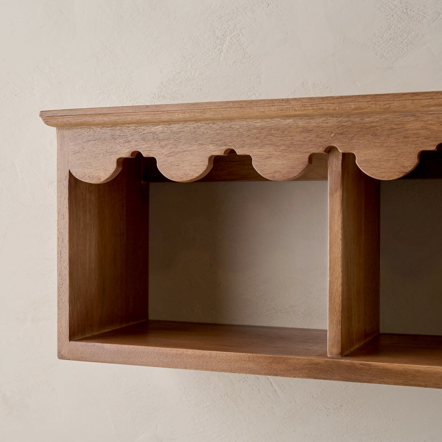 Linnea Antiqued Wood Cubby Shelf in Linnea Brown color up close
