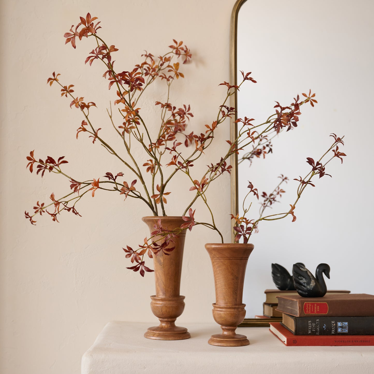 Finn Wood Vases shown styled on mantel
