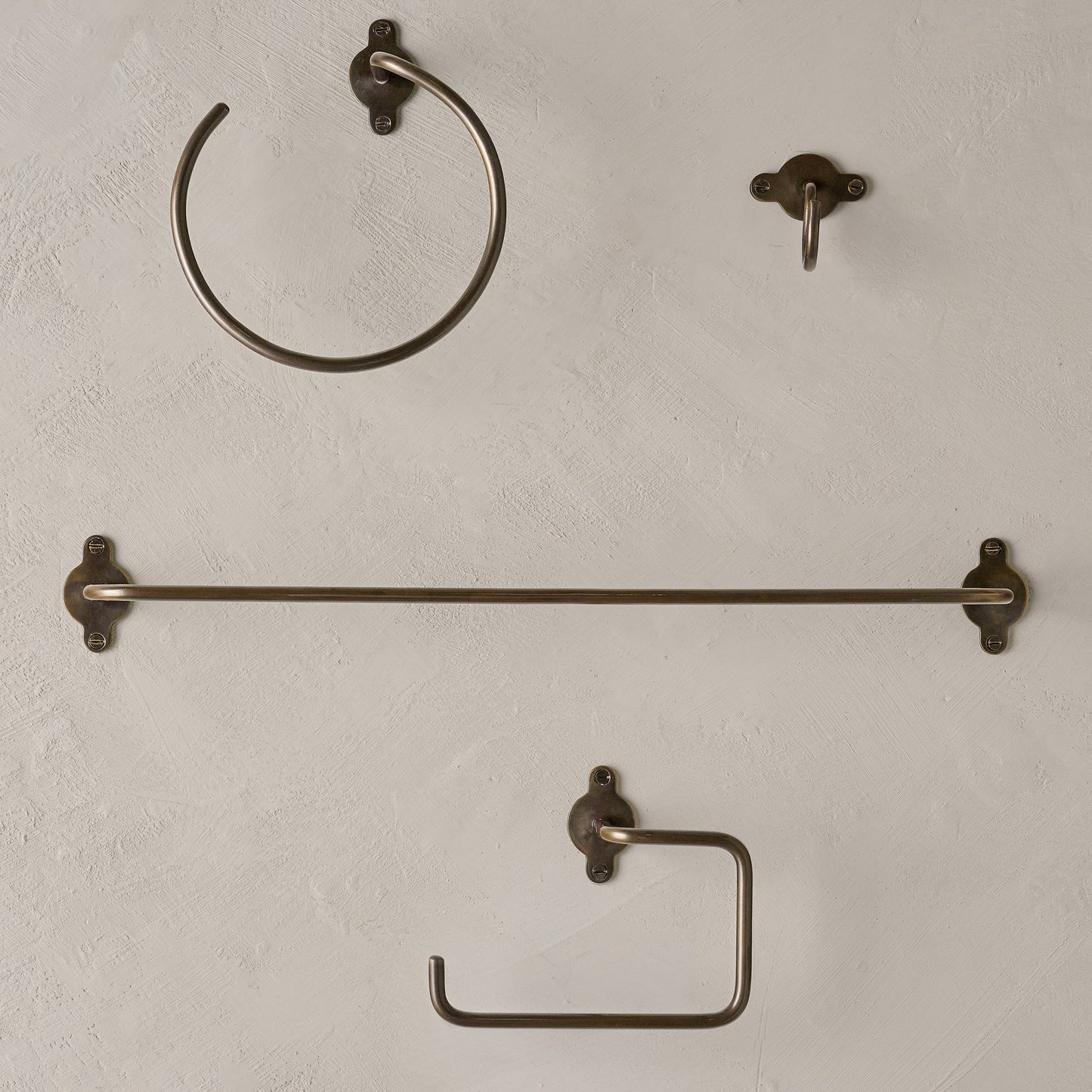 Antique Bronze Metal Towel Bar shown with other bath hardware