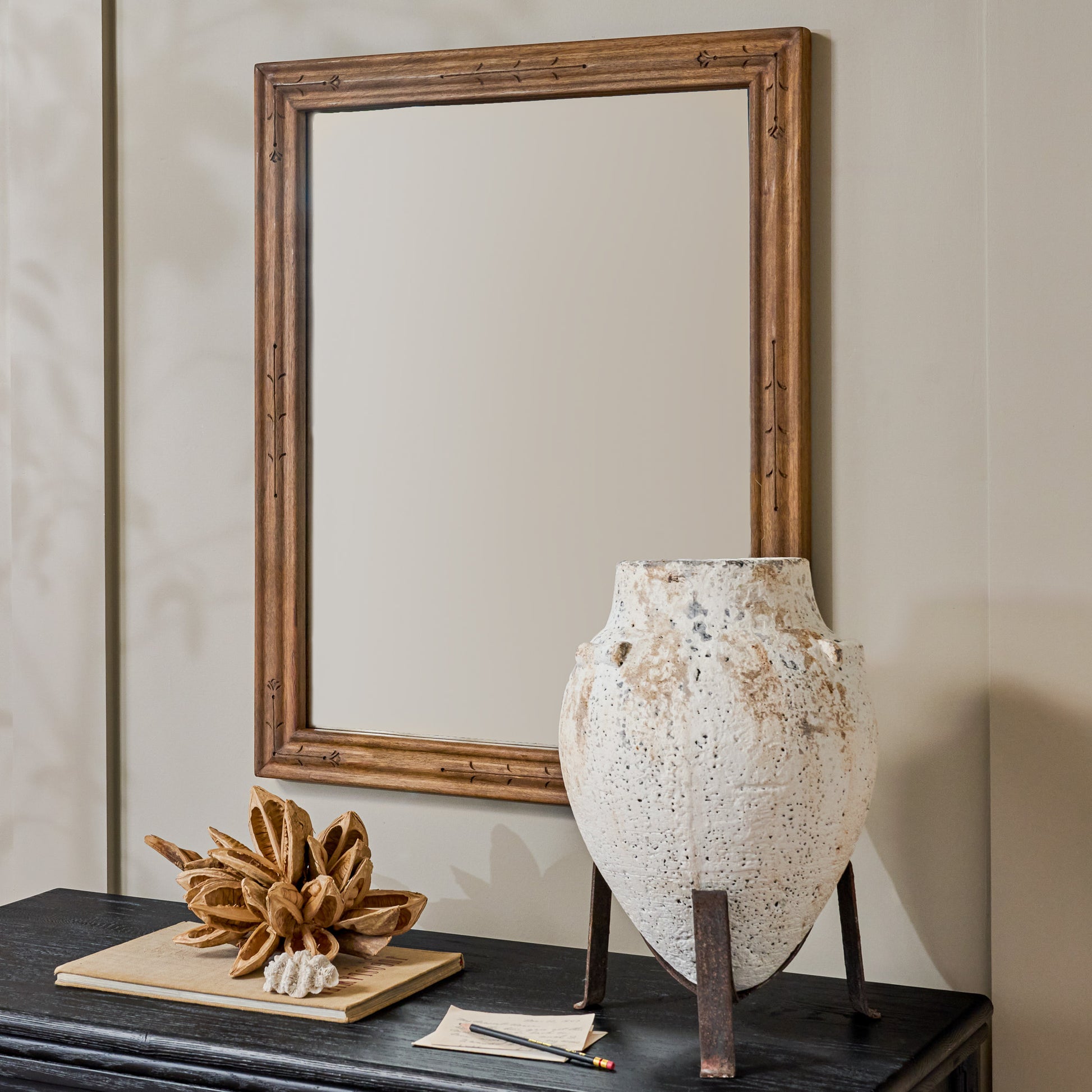Tulip Etched Wood Framed Mirror shown hung above dreser