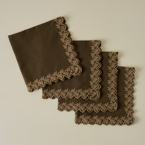 Cocoa Embroidered Scalloped Edge Napkin set of Four