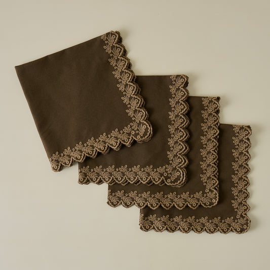 Cocoa Embroidered Scalloped Edge Napkin set of Four