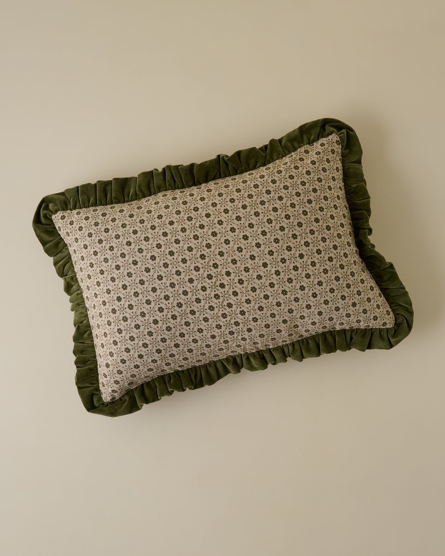 Thea Block Print Pillow w/ Velvet Ruffle Edge w/ insert, 16x24
