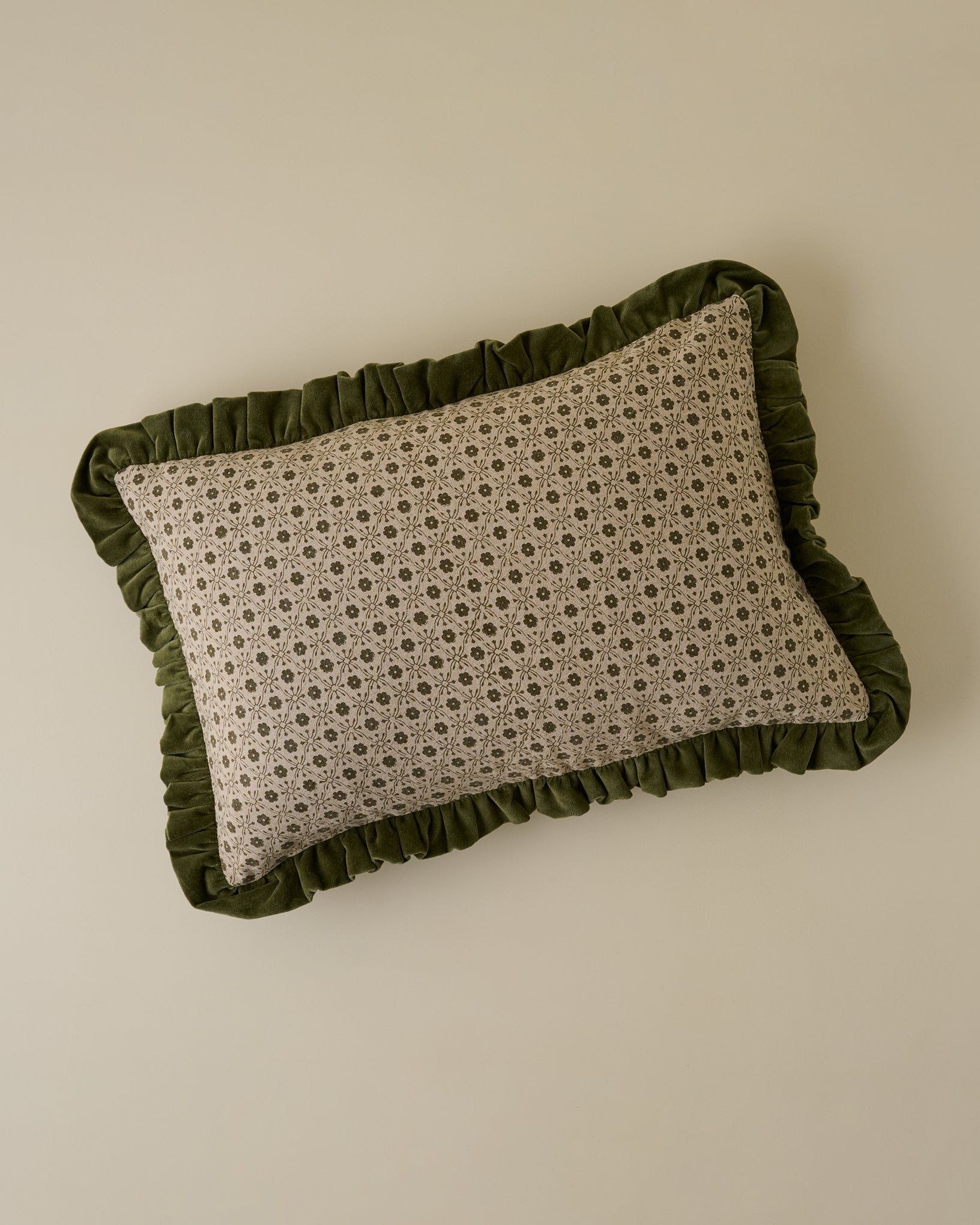 Thea Block Print Pillow w/ Velvet Ruffle Edge w/ insert, 16x24