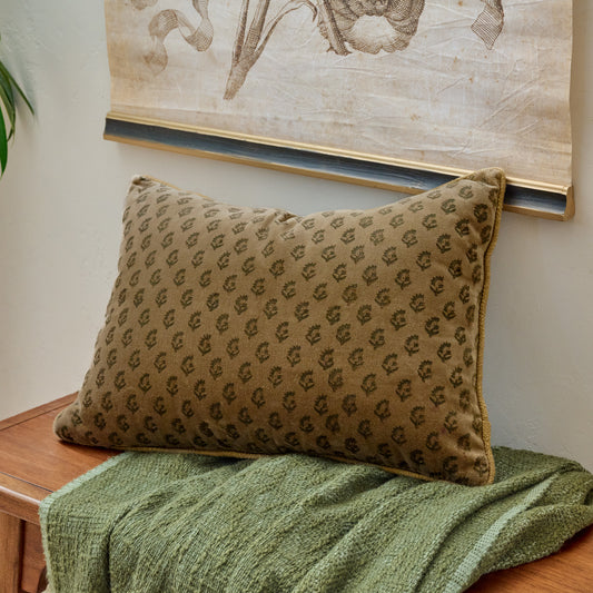Henry Printed Velvet Pillow shown on accent bench