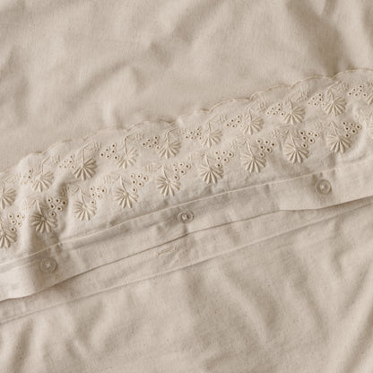 Clara Eyelet Flange Duvet Cover in color Natural button closures up close