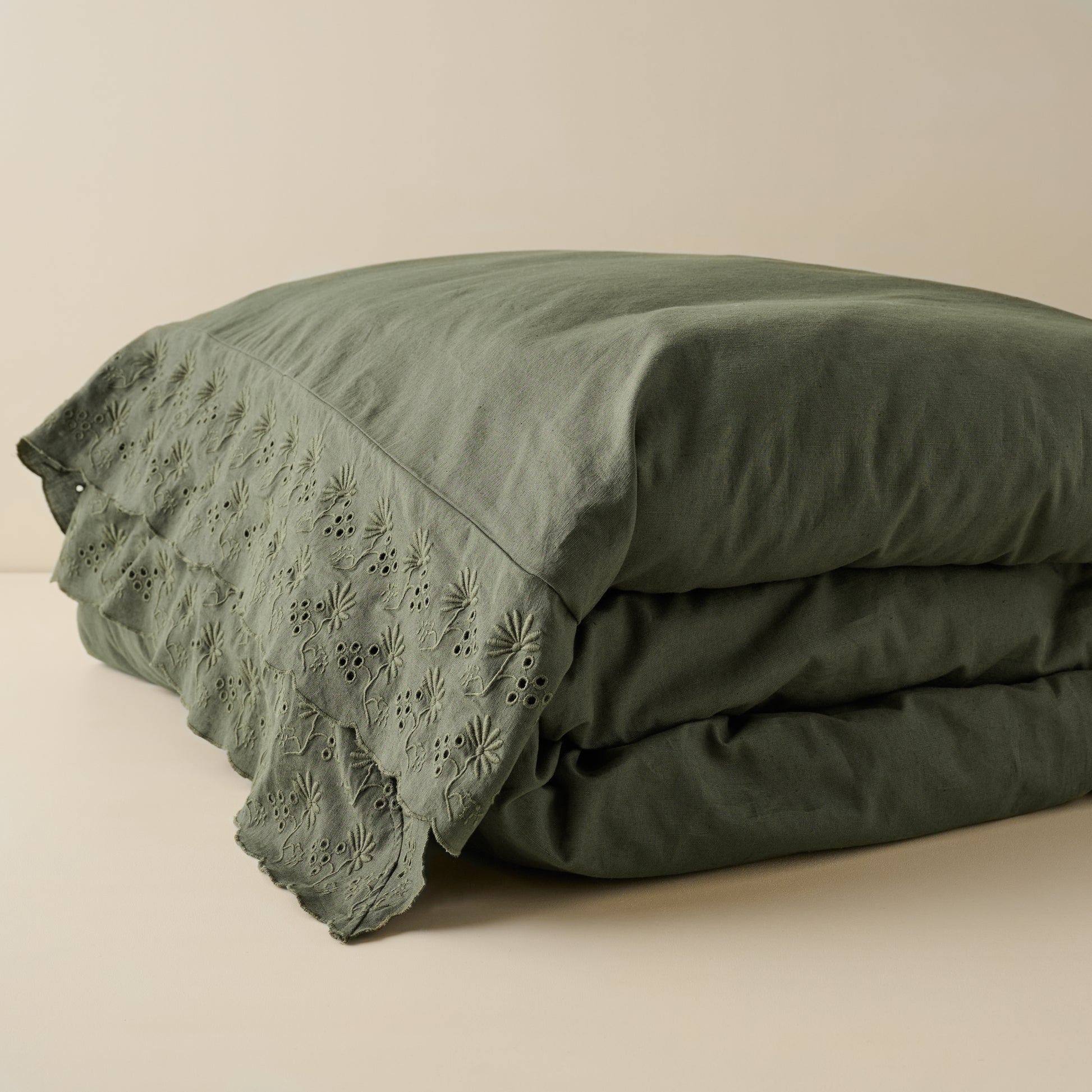 Clara Eyelet Flange Duvet Cover in color Olive Night