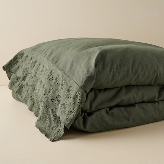 Clara Eyelet Flange Duvet Cover in color Olive Night