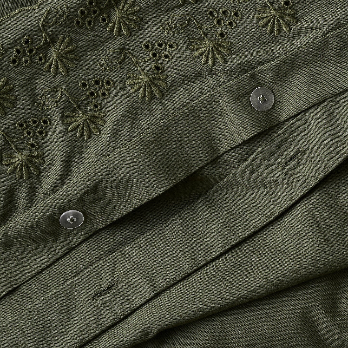 Clara Eyelet Flange Duvet Cover in color Olive Night button closure up close