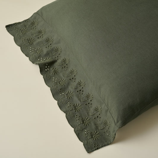 Clara Eyelet Flange Sham in Olive Night - edge up close