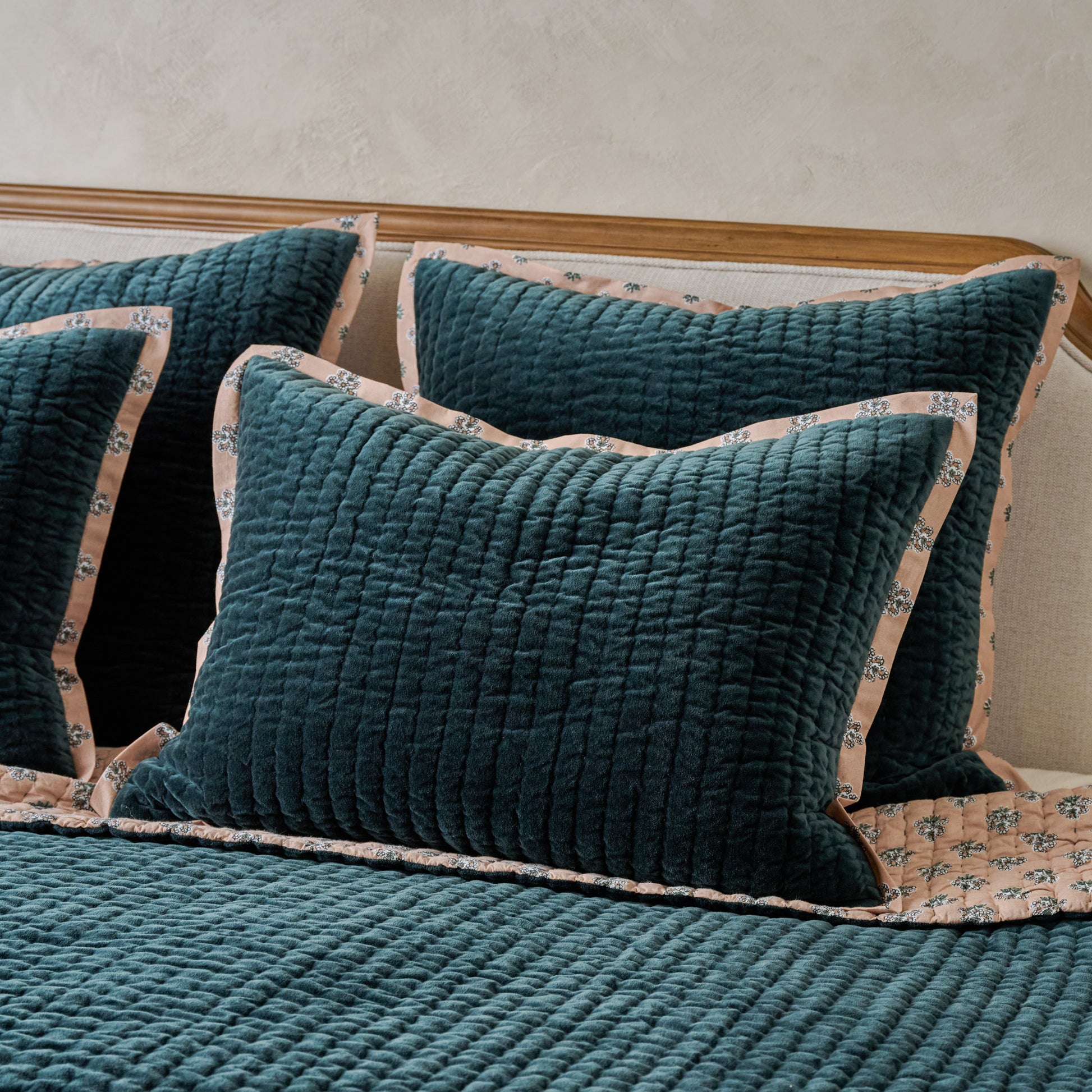Audrey Velvet Block Print Sham - Magical Forest shown on bed