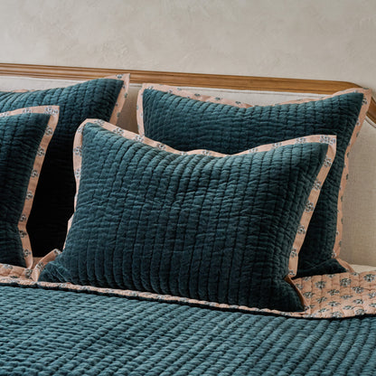 Audrey Velvet Block Print Sham - Magical Forest shown on bed