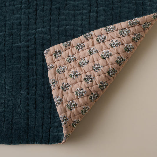 Audrey Velvet Block Print Quilt - Magical Forest turned to show reversible sides