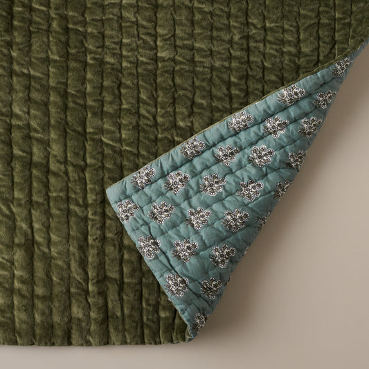 Audrey Velvet Block Print Quilt - Winter Moss turned to show reversible sides