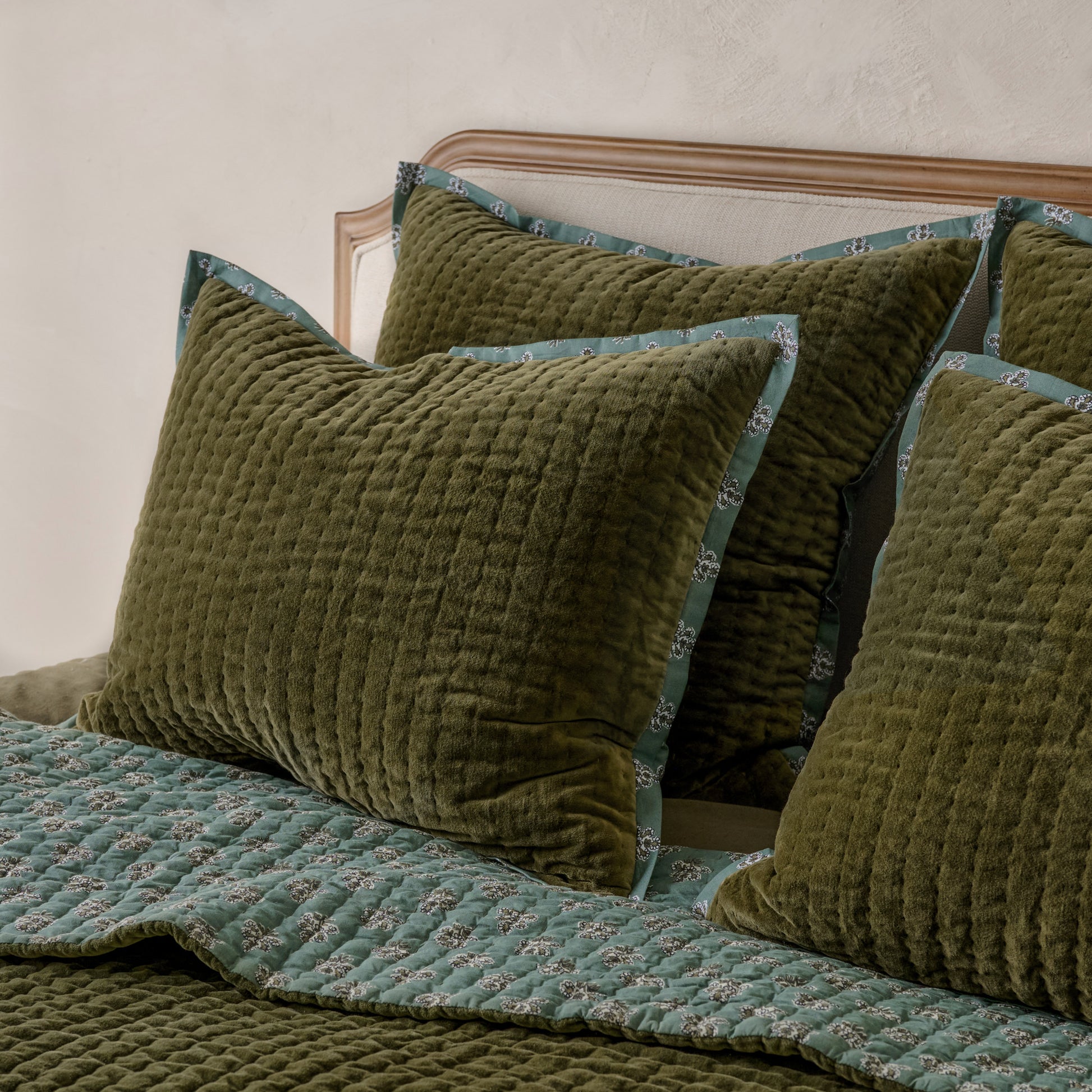Audrey Velvet Block Print Sham - Winter Moss Shams shown on bed