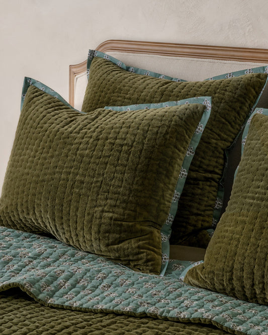 Audrey Velvet Block Print Sham - Winter Moss Shams shown on bed