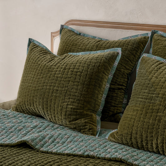 Audrey Velvet Block Print Quilt - Winter Moss
